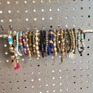 Turquoise, Blue & Gold Beaded Stretch Bracelet Set. 23 Total.  1015